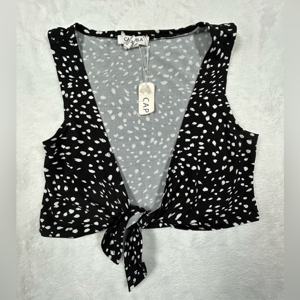 Capella Polka Dot Crop Top Juniors M | Black White Tie Front Retro Style